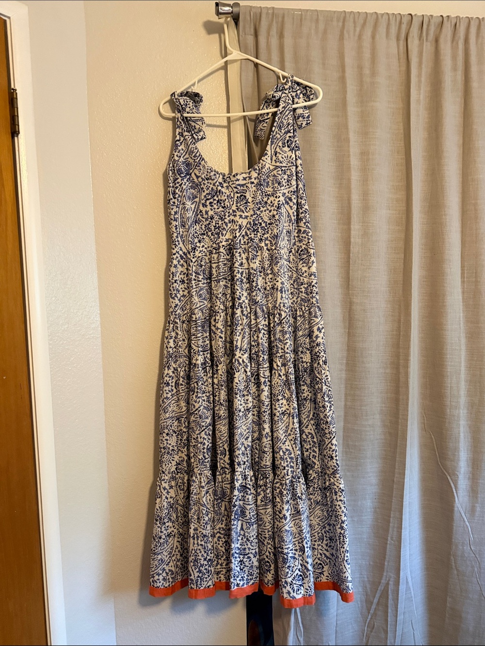 THML Blue and White Printed Tie-Shoulder Maxi Dress with Orange Trim
